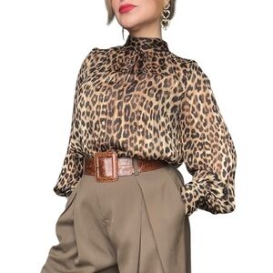 H&M Animal Print Blouse  High Neck Balloon Sleeves Button Back - Small